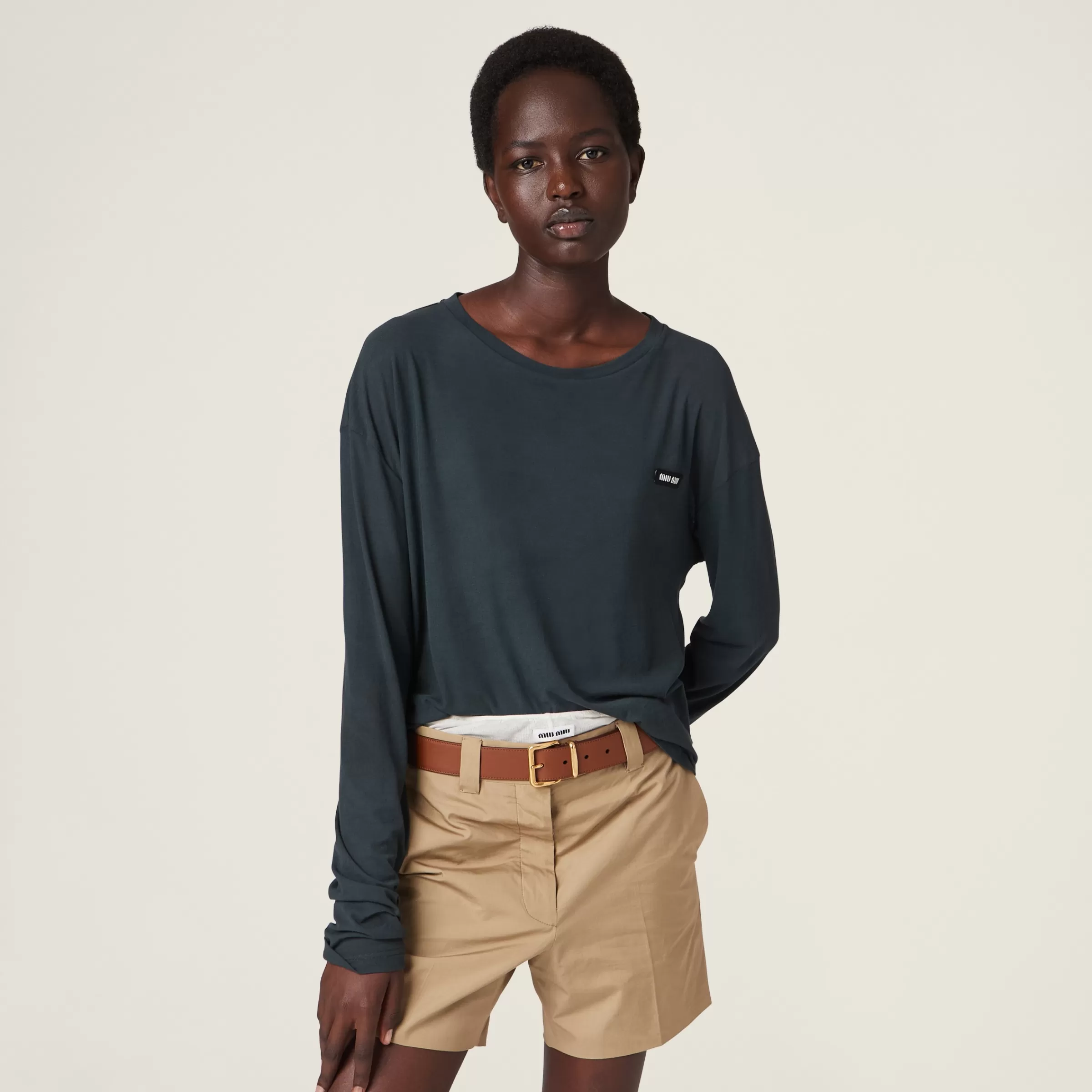 Miu Miu Long-sleeved Garment-dyed Ribbed Knit Jersey T-shirt |