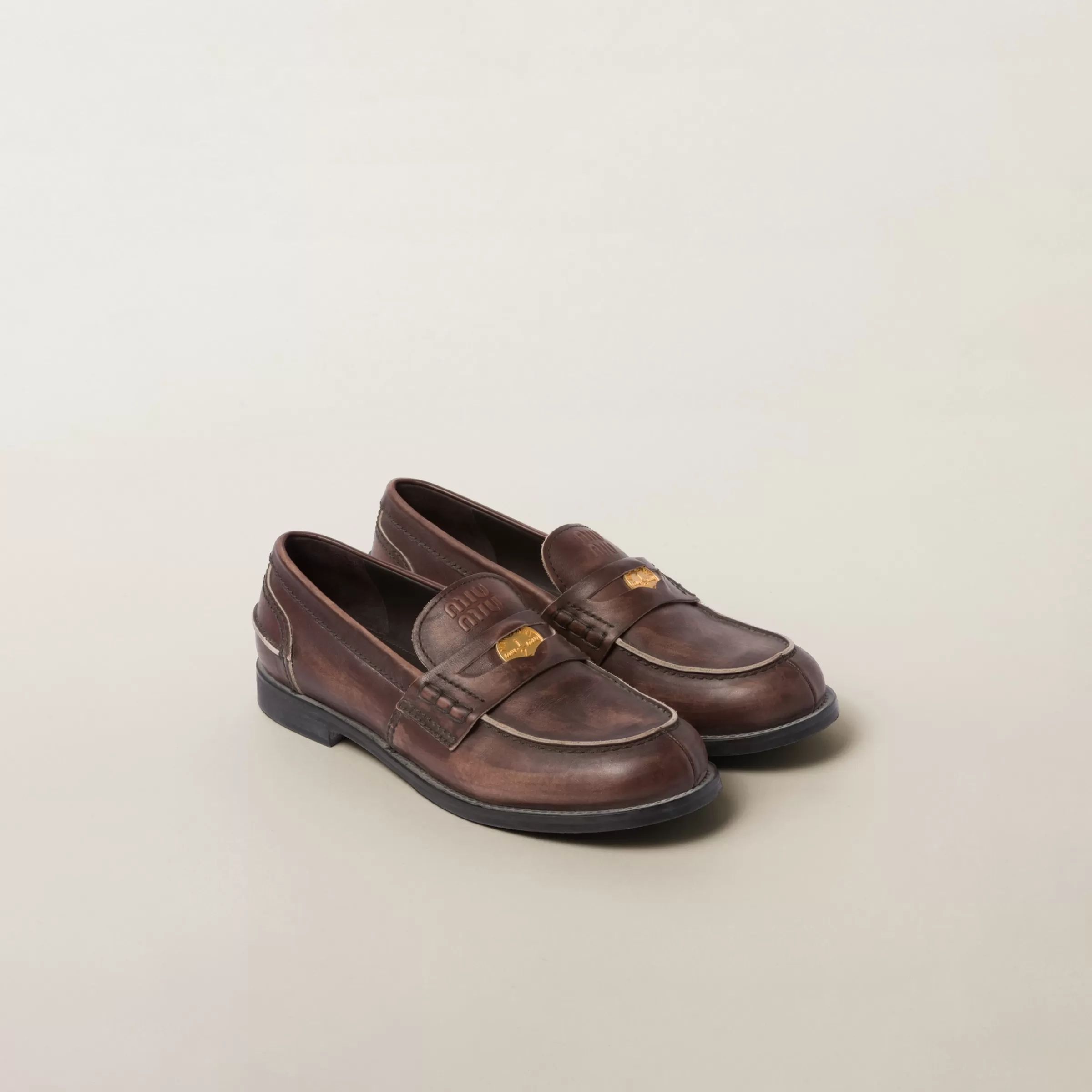 Miu Miu Vintage-effect Leather Penny Loafers |