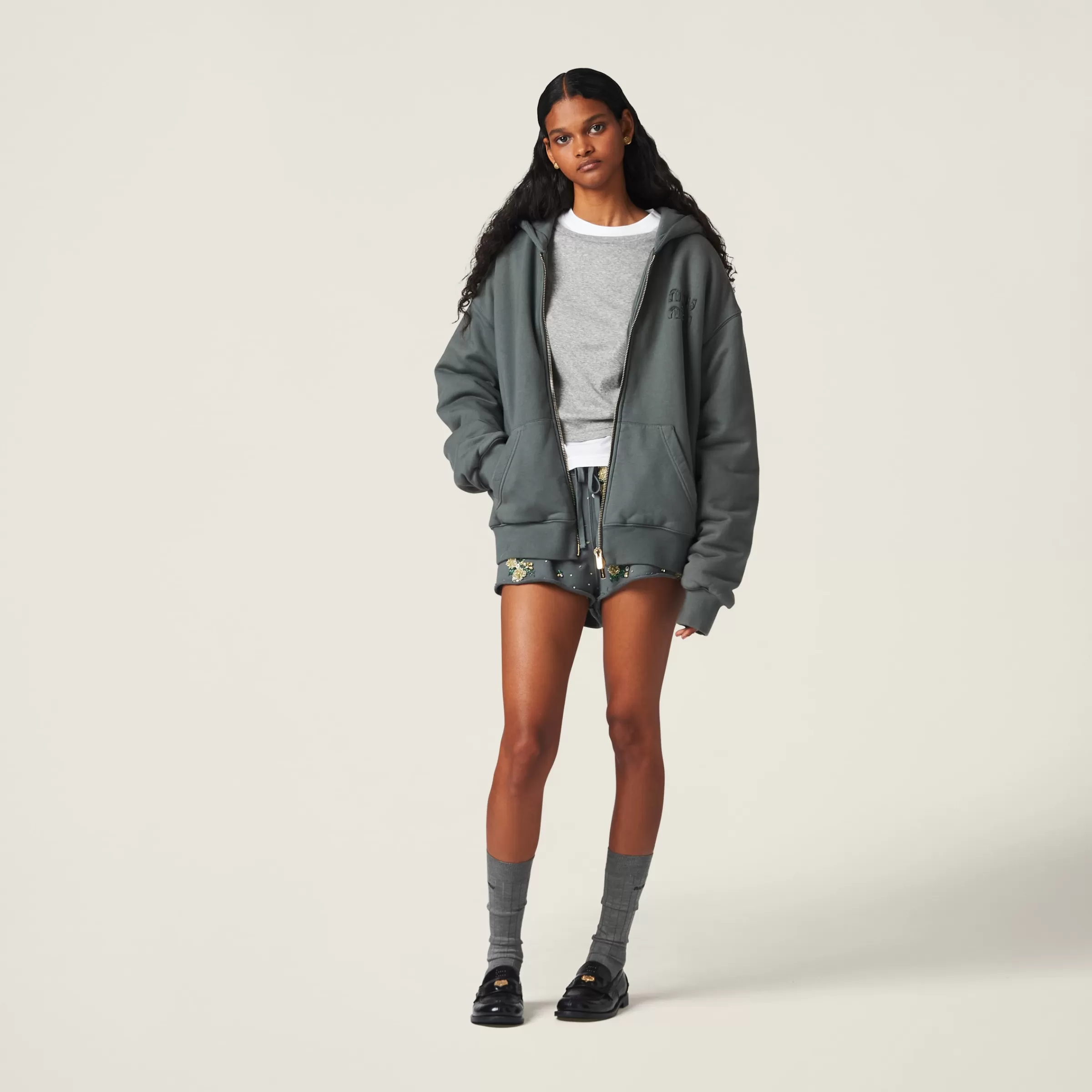 Miu Miu Garment-dyed Cotton Fleece Shorts With Embroidered Logo |