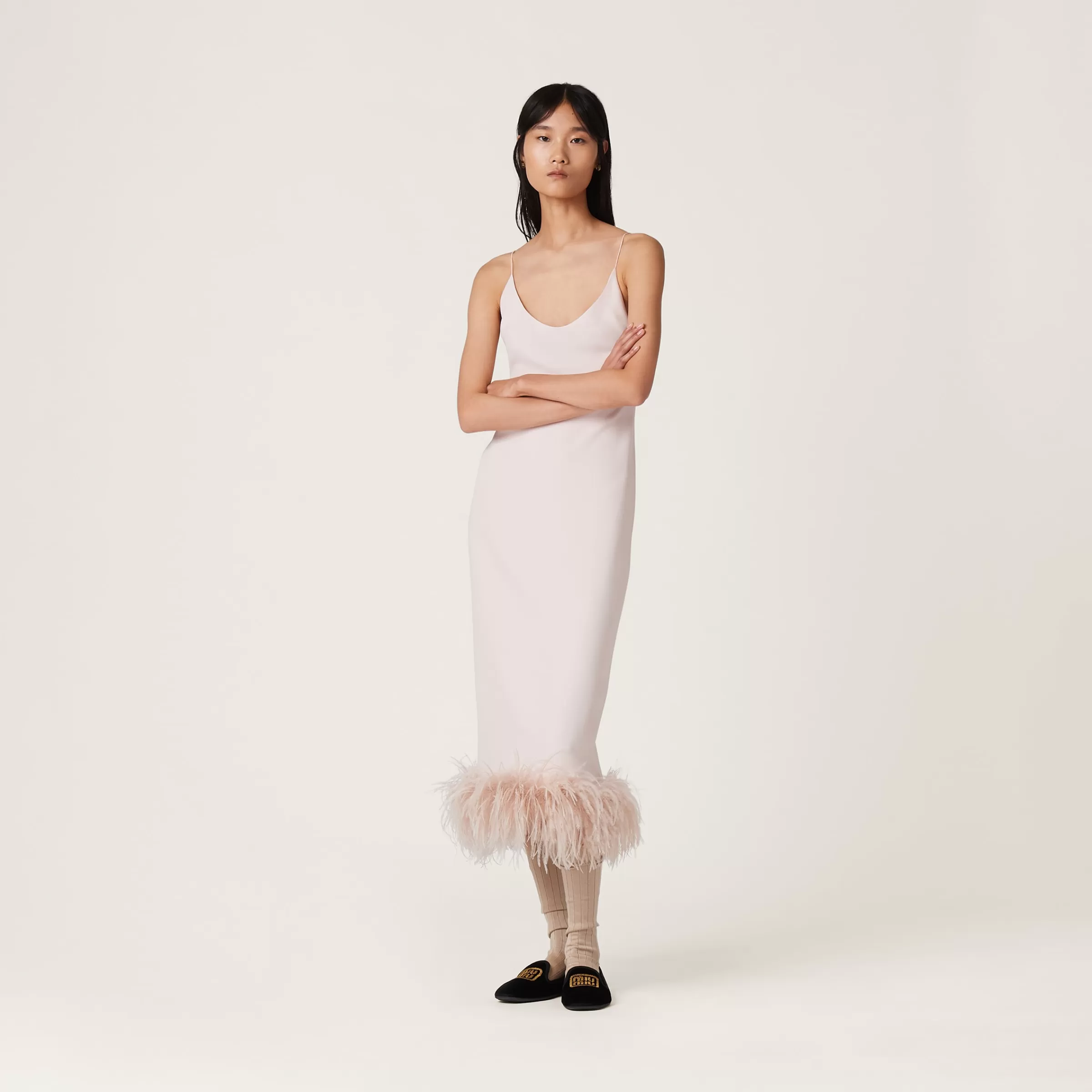 Miu Miu Stretch Cady Dress With Feathers |