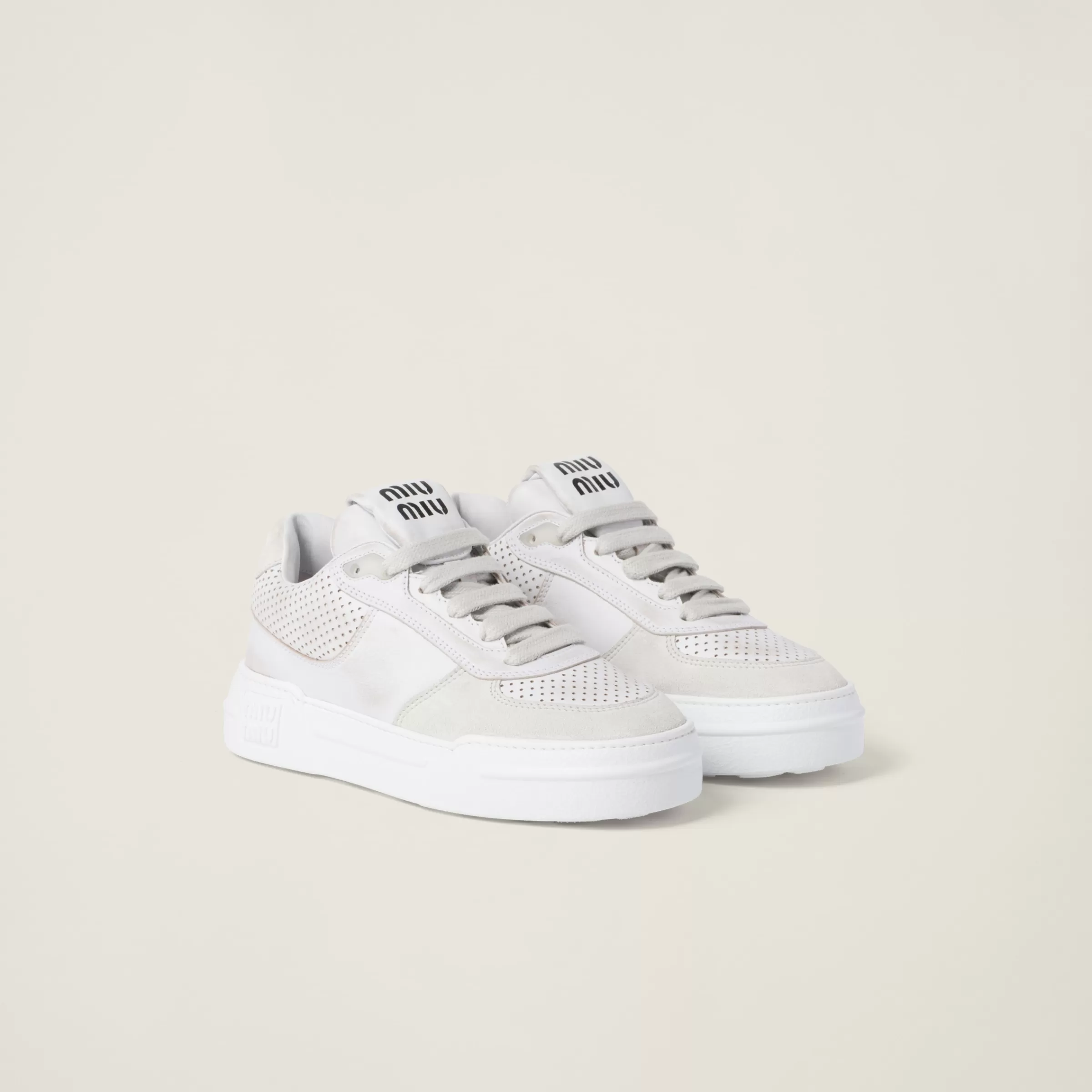 Miu Miu Bleached Leather And Suede Sneakers |